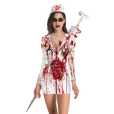 Women's Halloween Sexy Bodycon Mini Dress Long Sleeve Slim Fit Costume For Horror Nurse Skeleton Pumpkin Spider Web Party