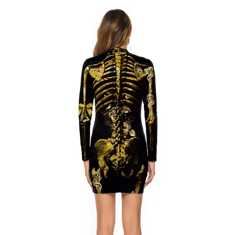 Women Gothic Skeleton Rose 3D Printed Long Sleeve Bodycon Mini Dress Halloween Party Stand-Up Collar Slim Fit Clubwear