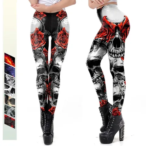 Damen Gothic Totenkopf Rose Galaxie Druck Leggings Hohe Taille Elastisch Po-Lifting Bauchkontrolle Schlankmachende Yoga-Hose