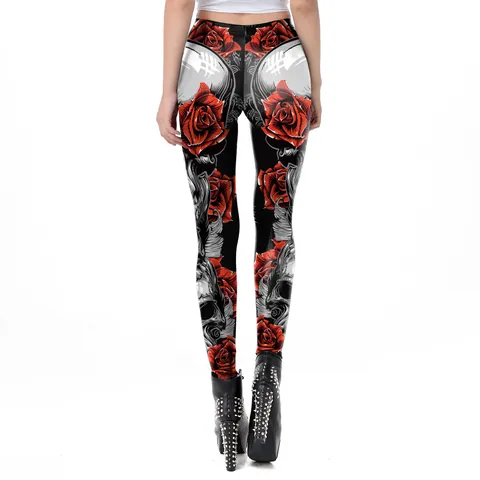 Women's Gothic Skull Rose Galaxy Print Leggings High Waist Stretchy Butt Lifting Tummy Control Slimming Pants Yoga Tights