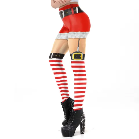 Women Christmas Leggings 3D Digital Printed Stretchy Slim Fit Holiday Party Pants Polyester Spandex Santa Elf Pattern Leggings