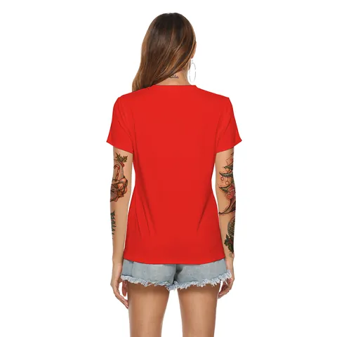 Women V Neck Short Sleeve Christmas T-Shirt Red Festive Teddy Bear Graphic Tee 95% Polyester 5% Spandex Casual Summer Top