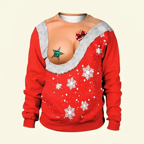Funny Christmas Sweatshirt Women Men Ugly Xmas 3D Chest Print Long Sleeve Round Neck Polyester Spandex Pullover Top
