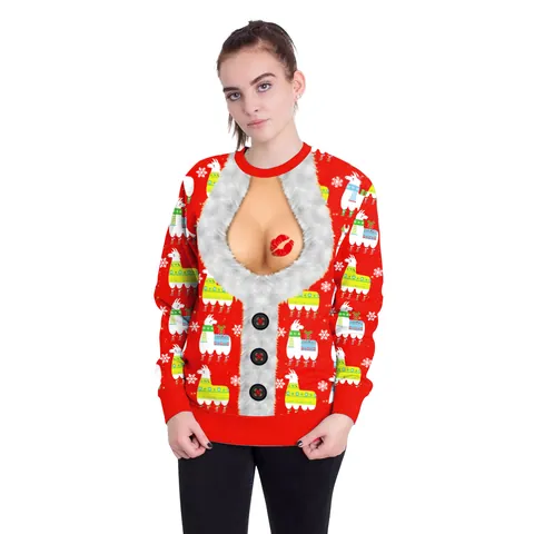 Unisex Christmas Funny 3D Printed Sweatshirt Hairy Chest Reindeer Alpaca Pattern Long Sleeve Crew Neck Pullover Holiday Party Top