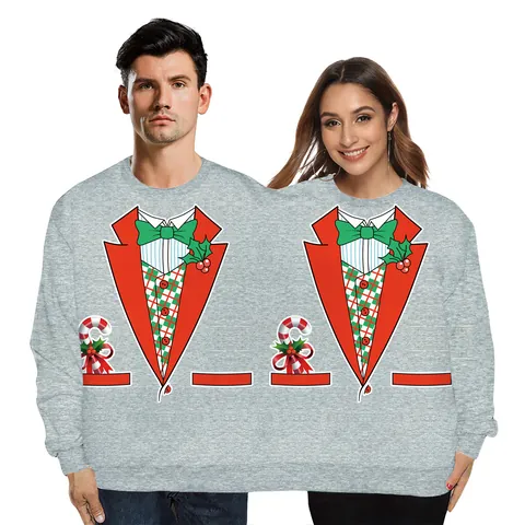 Funny Couple Joined Hoodie Ugly Christmas Sweater For Friends Double Round Neck Digital Print Pullover Long Sleeve Party Wear