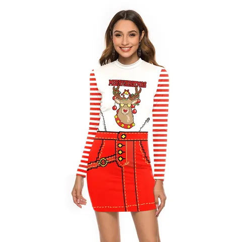 Women Christmas Slim Fit Bodycon Mini Dress Long Sleeve Polyester Spandex Digital Print Festive Party Costume Pixel Art Outfits