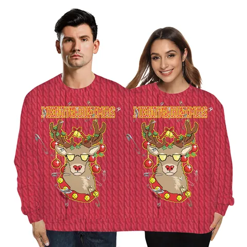 Funny Two-Person Ugly Christmas Sweater Couple Double Joint Pullover Sweatshirt For Holiday Party Outfits Red Green White