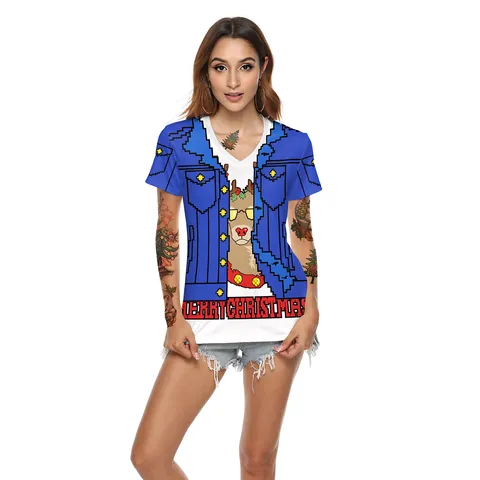 Women's Christmas V-Neck Short Sleeve T-Shirt Festive Pixel Art Reindeer Print Mock Two-Piece Denim Jacket Design Casual Top