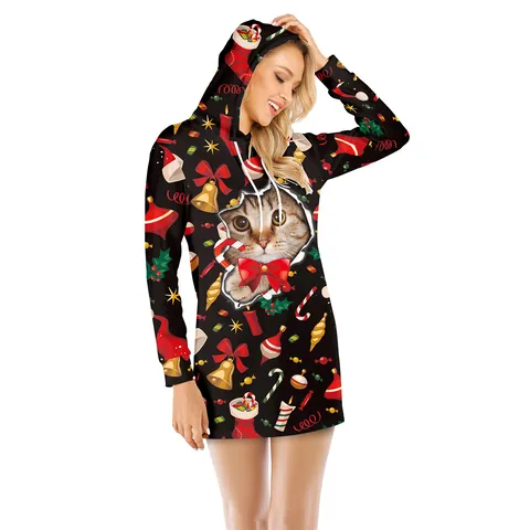 Christmas Women Hoodie Dress 3D Cat Reindeer Digital Print Slim Fit Long Sleeve Hooded Sweatshirt Dress Holiday Party Clothing