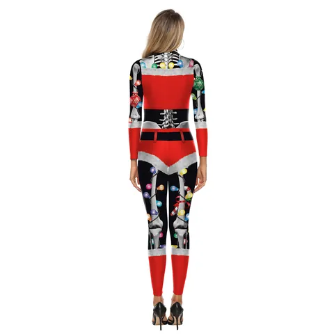 Combinaison Ajustée pour Femme avec Impression Numérique 3D Noël Drôle Squelette Père Noël Manches Longues Bodysuit Tenue de Fête et Performance