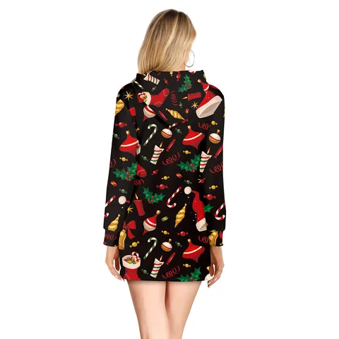 Abito da Donna con Cappuccio Mini Stampa Gatto 3D di Natale Manica Lunga Poliestere Elastan Slim Hoodie Vestito per Festa