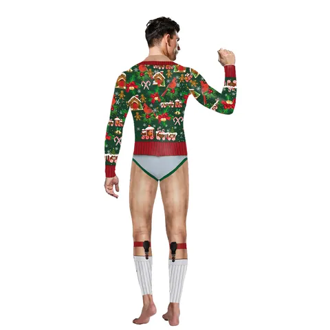 Funny Christmas Jumpsuit For Men 3D Digital Print Long Sleeve Bodysuit Polyester Spandex Holiday Party Slim Fit Romper