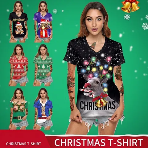 T-Shirt à Manches Courtes Col en V Noël pour Femmes Imprimé Renne Père Noël Festif Haut Décontracté en Polyester Élasthanne