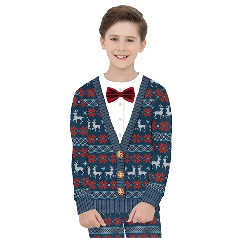 Kids Christmas Faux Two-Piece Sweatshirt And Pants Set 3D Reindeer Snowflake Print Long Sleeve Pullover Outfit For Boys Girls