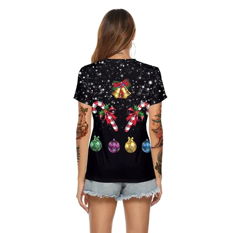 T-Shirt à Manches Courtes Col en V Noël pour Femmes Imprimé Renne Père Noël Festif Haut Décontracté en Polyester Élasthanne