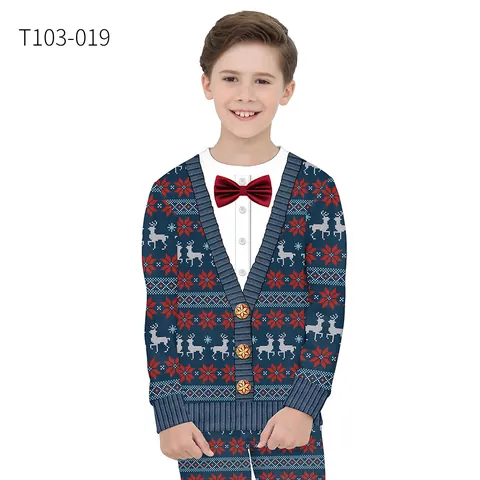 Kids Christmas Faux Two-Piece Sweatshirt And Pants Set 3D Reindeer Snowflake Print Long Sleeve Pullover Outfit For Boys Girls