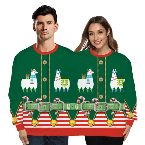 Funny Two-Person Ugly Christmas Sweater Couple Double Joint Pullover Sweatshirt For Holiday Party Outfits Red Green White