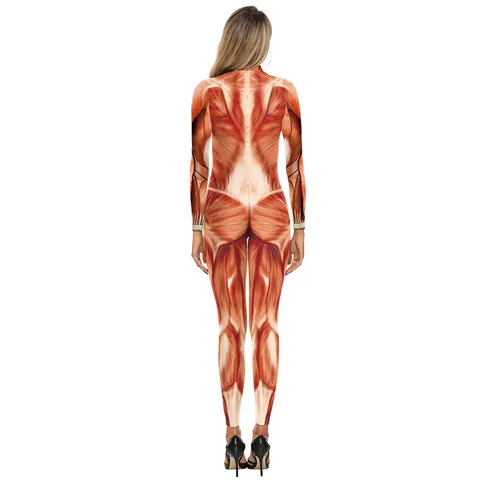 Damen Realistische 3D Menschlicher Muskel Anatomie Druck Jumpsuit Halloween Cosplay Kostüm Skinny Leggings Kapuzenpullover Party Outfit