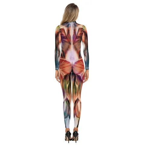 Combinaison Halloween Horreur Muscle Squelette Impression Numérique 3D Manches Longues Col Montant Costume Cosplay Fête Polyester Élasthanne Slim