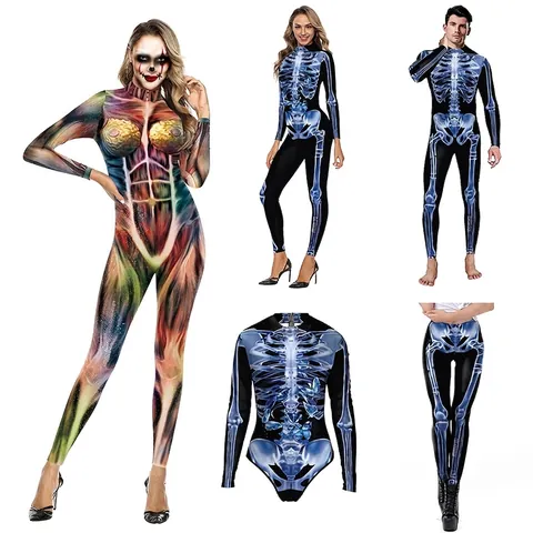 Combinaison Halloween Horreur Muscle Squelette Impression Numérique 3D Manches Longues Col Montant Costume Cosplay Fête Polyester Élasthanne Slim