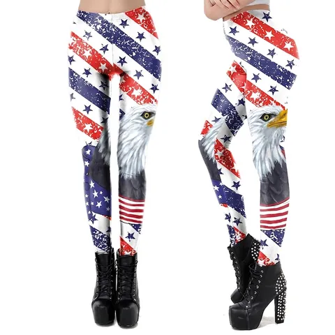 Damen USA Unabhängigkeitstag Leggings Weißkopfseeadler Flagge Druck Hohe Taille Polyester Elasthan Schlanke Patriotische Elastische Hose