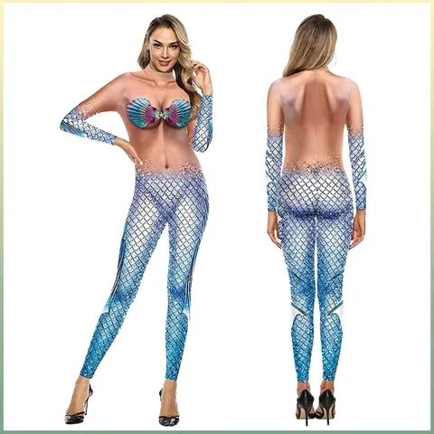 Dames Zeemeermin 3D Digitale Print Jumpsuit Polyester Spandex Lange Mouw Opstaande Kraag Cosplay Bodysuit Halloween Feest Kostuum