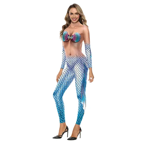 Dames Zeemeermin 3D Digitale Print Jumpsuit Polyester Spandex Lange Mouw Opstaande Kraag Cosplay Bodysuit Halloween Feest Kostuum