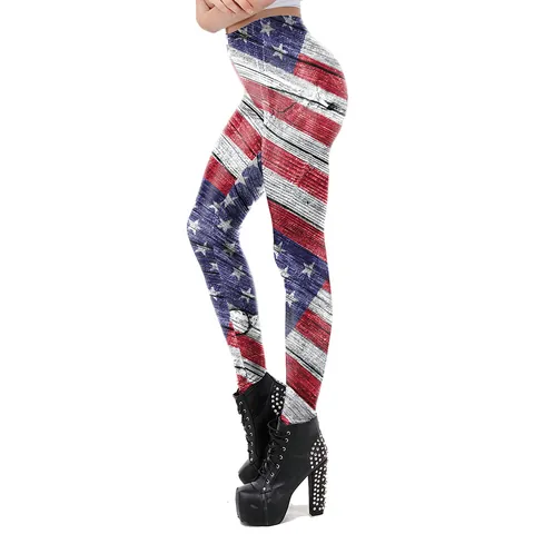 Women American Flag Printed Leggings Vintage Wood Grain Stars Stripes High Waist Slim Fit Leggings For Independence Day Party