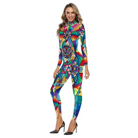 Dames 3D Digitale Print Lange Mouw Slim Fit Bodysuit Gebrandschilderd Glas Patroon Geometrische Jumpsuit Voor Feest Optreden