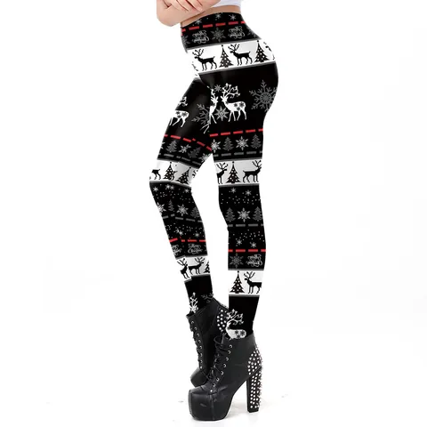 Women Christmas Leggings High Waist Slim Fit Festive Reindeer Snowflake Printed Yoga Pants Stretchy Holiday Party Trousers