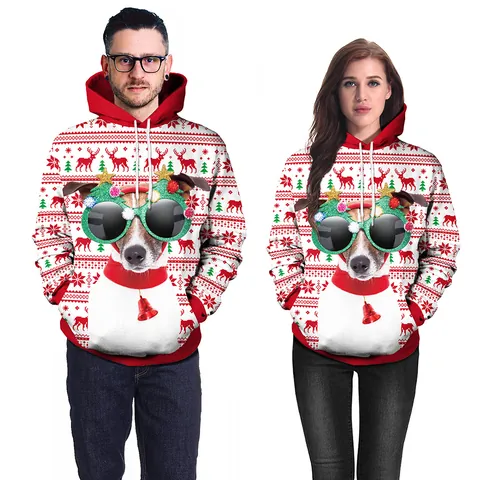 Vrouwen Mannen Koppels Kerst Hoodie 3D Digitale Print Rendier Kerstman Patroon Polyester Elastaan Lange Mouw Pullover Vakantie Feest Sweatshirt