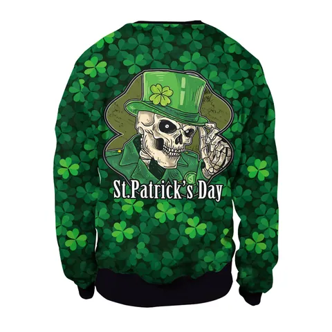 Damen St. Patrick's Day Sweatshirt 3D Druck Kleeblatt Skelett Rundhals Langarm Locker Neuheit Irische Party Top