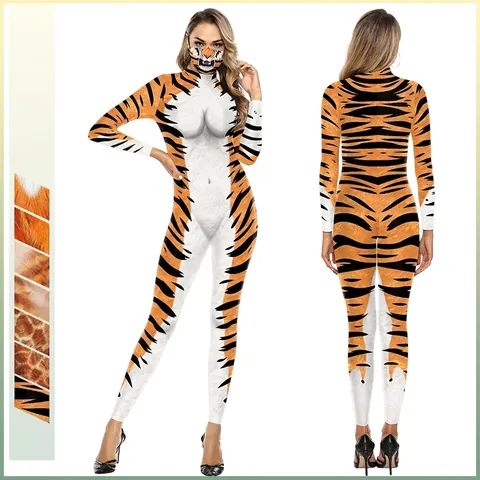 3D Digital Print Animal Jumpsuit Long Sleeve Slim Fit Halloween Cosplay Bodysuit Tiger Giraffe Pattern Party Wear Women
