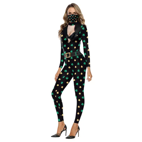 Women St Patrick's Day Jumpsuit Shamrock Leprechaun 3D Print Long Sleeve Cosplay Bodysuit Party Costume Outfit