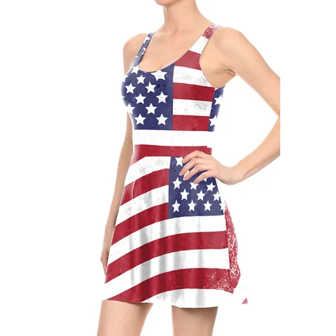 Women's Independence Day Sleeveless Dress American Flag Bald Eagle Print Distressed A-Line Skater Dress Patriotic Summer Fashion