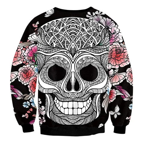 Damen Casual Rundhals Sweatshirt 3D Digitaldruck Totenkopf Blumenmuster Langarm Locker Passend Gothic Streetwear Pullover Top