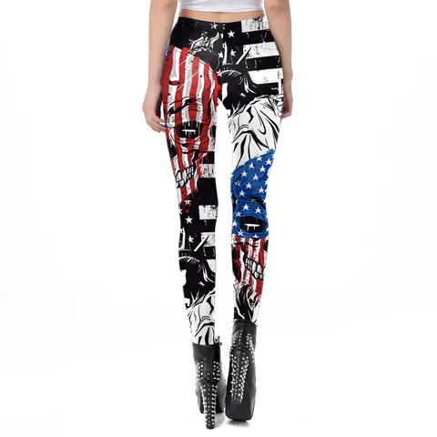 Women 3D Digital Printed Leggings High Waist Hip Lift American Flag Skull Statue of Liberty Newspaper Pattern Streetwear Casual Pants