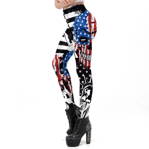 Women 3D Digital Printed Leggings High Waist Hip Lift American Flag Skull Statue of Liberty Newspaper Pattern Streetwear Casual Pants