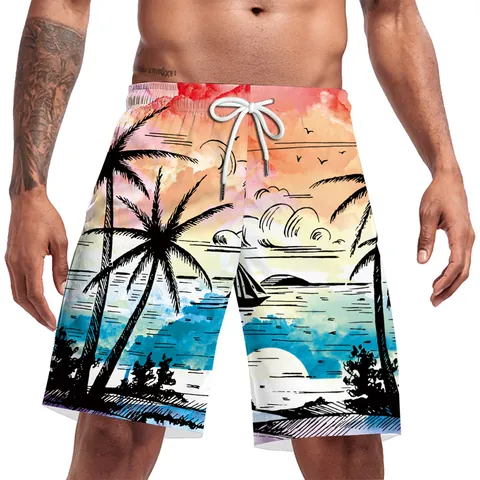 Pantaloncini da Mare da Uomo ad Asciugatura Rapida Stampa Digitale Tramonto Tropicale Mondo Sottomarino Vita Elastica Coulisse Boxer da Nuoto