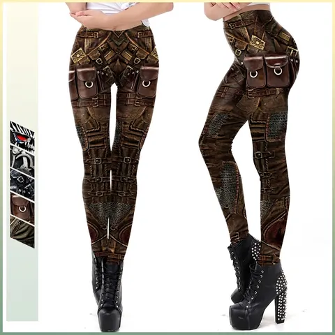 Damen Steampunk Punk 3D Digitaldruck Leggings Hohe Taille Elastische Schlankmachende Hose Polyester Elasthan Gothic Mechanische Rüstung Trousers Casual Yoga Leggings