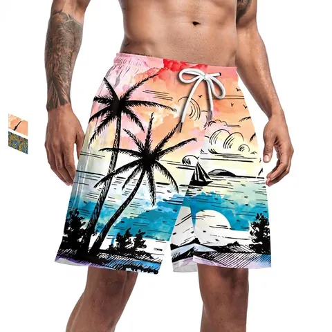 Pantaloncini da Mare da Uomo ad Asciugatura Rapida Stampa Digitale Tramonto Tropicale Mondo Sottomarino Vita Elastica Coulisse Boxer da Nuoto