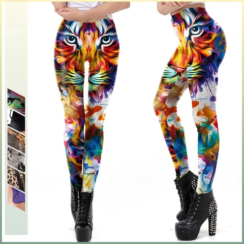 Women's 3D Digital Tiger Leopard Snake Print Stretchy Leggings High Waist Slim Fit Fashion Animal Pattern Skinny Pants