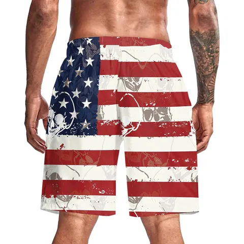 Short de Plage Séchage Rapide Homme Imprimé Drapeau Américain Crâne Aigle Maillot de Bain Décontracté Été Avec Cordon de Serrage Taille Élastique