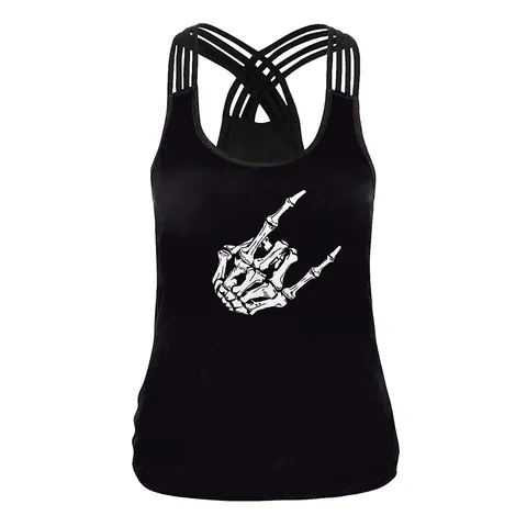 Canotta da Donna Gothic Punk con Stampa Teschio Sole Luna Schiena Incrociata Vestibilità Aderente Top Senza Maniche Streetwear