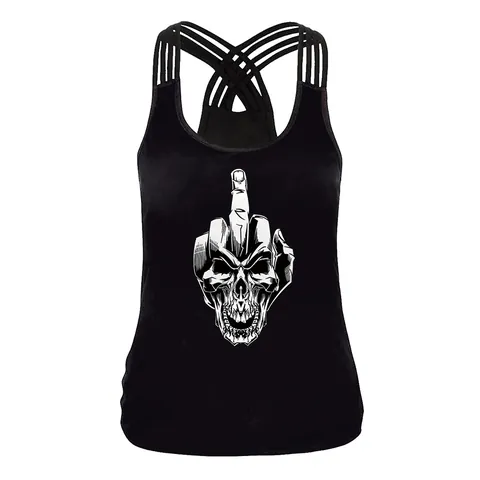Canotta da Donna Gothic Punk con Stampa Teschio Sole Luna Schiena Incrociata Vestibilità Aderente Top Senza Maniche Streetwear