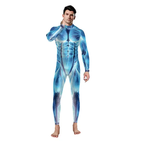 Men's 3D Digital Human Skeleton Muscle Print Jumpsuit Long Sleeve Slim Fit Unitard For Halloween Stage Performance Costume