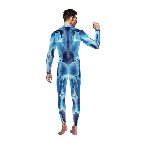 Men's 3D Digital Human Skeleton Muscle Print Jumpsuit Long Sleeve Slim Fit Unitard For Halloween Stage Performance Costume