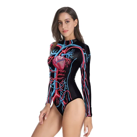 Women's Halloween One Piece Swimsuit Long Sleeve Rash Guard Zip Front 3D Digital Print Skeleton Anatomy Body Suit Surfing Beachwear