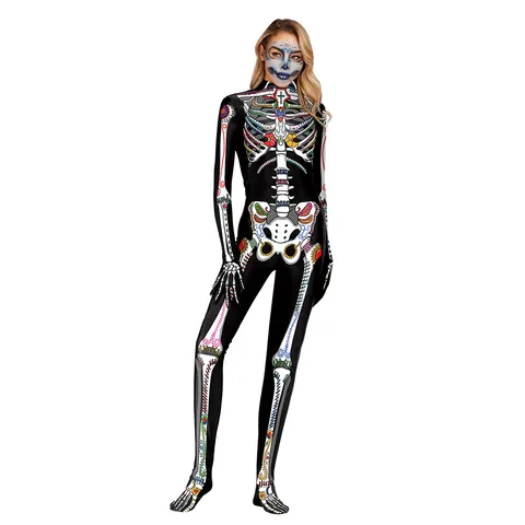 Damen Halloween Skelett Knochen Print Jumpsuit Langarm Slim Fit Body Cosplay Performance Kostüm Party Outfit