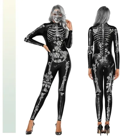 Damen Halloween Skelett Jumpsuit 3D Rose Knochen Druck Stehkragen Slim Stretch Langarm Catsuit Cosplay Performance Kostüm